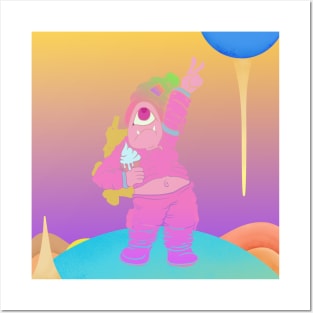 Dope one eye monster character holding an icecream illustration Posters and Art